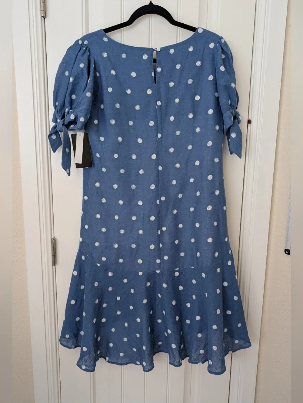 NWT Blue Drop Waist Linen Polka Dot Dress M - Picture 7 of 7